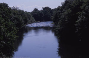 View down from calm to riffle, from Radyr Junction Mineral Line Bridge, 2000