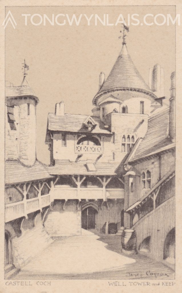 Old postcard featuring drawing of Castell Coch