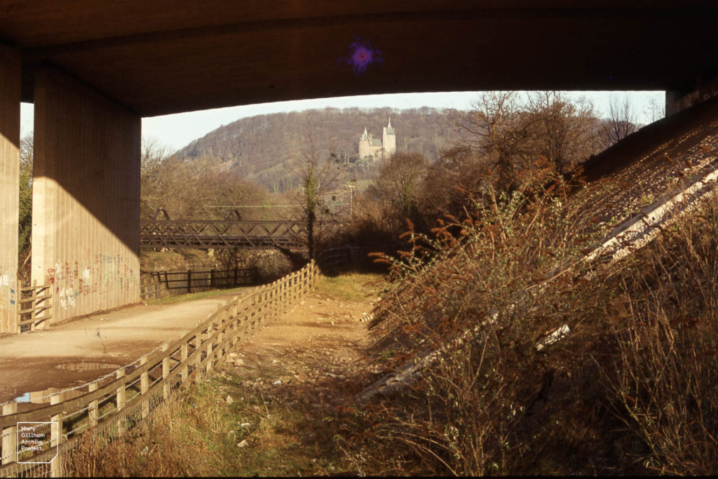 Castell Coch and iron birdge under M4 bridge, January 1985
