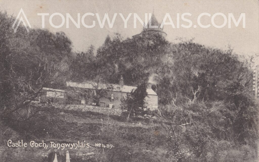 Postcard of cottages in front of Castell Coch, Tongwynlais