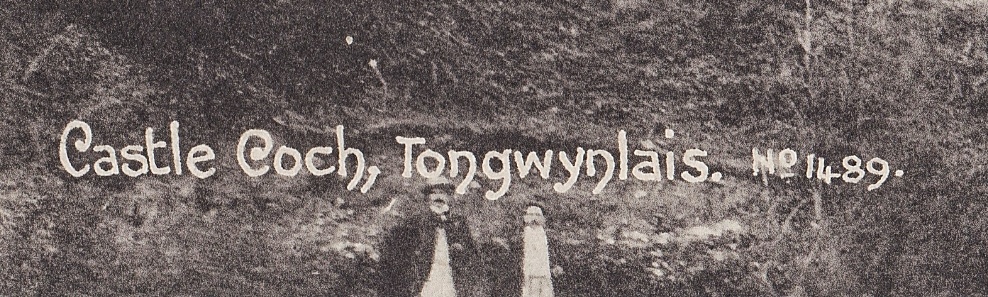 Crop of postcard featuring two men standing in front of some cottages
