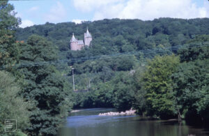 Castell Coch from iron bridge August 1999, Sewer insertion in river bed