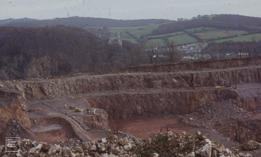 Little Garth Quarry, view to rising ORS (right) and limestone with Castell Coch, December 1984