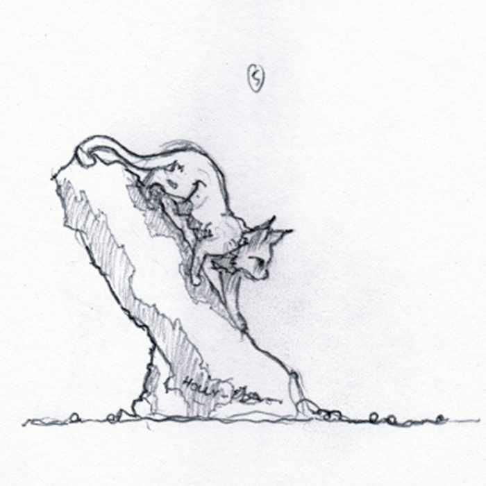 Drawing of a sculpture of a lynx on a tree