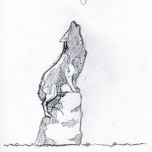 Drawing of a sculpture of a wolf on a rock
