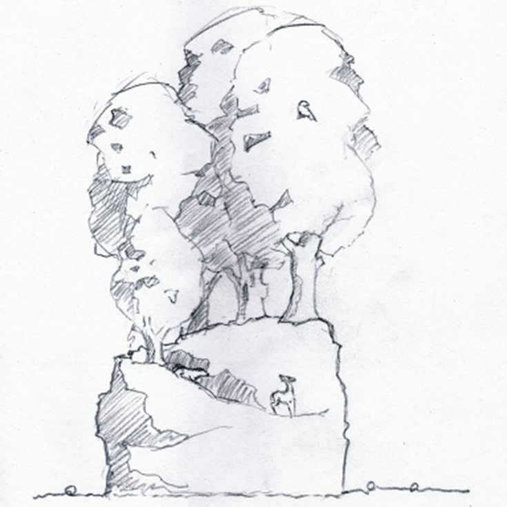 Drawing of a sculpture of a collection of trees and forest animals