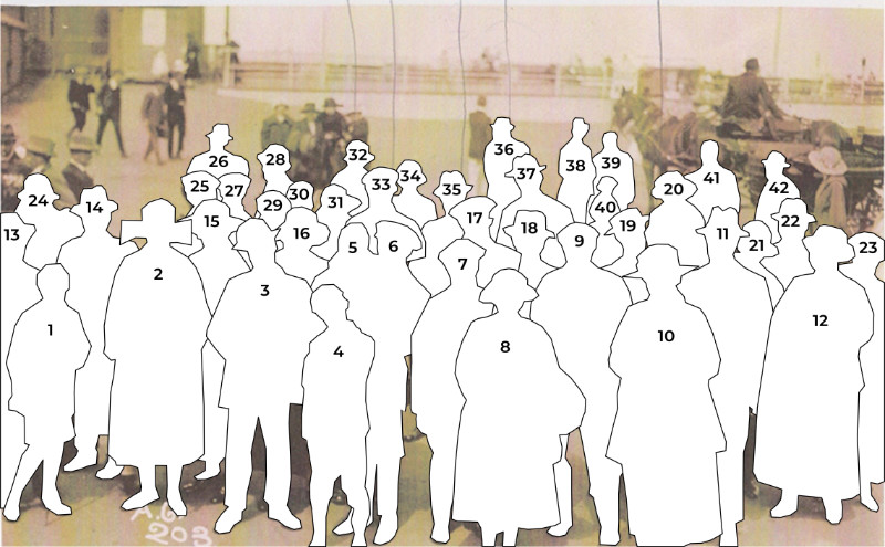 Numbered outlines of people in the early 20th century on a trip to Weston by paddle steamer
