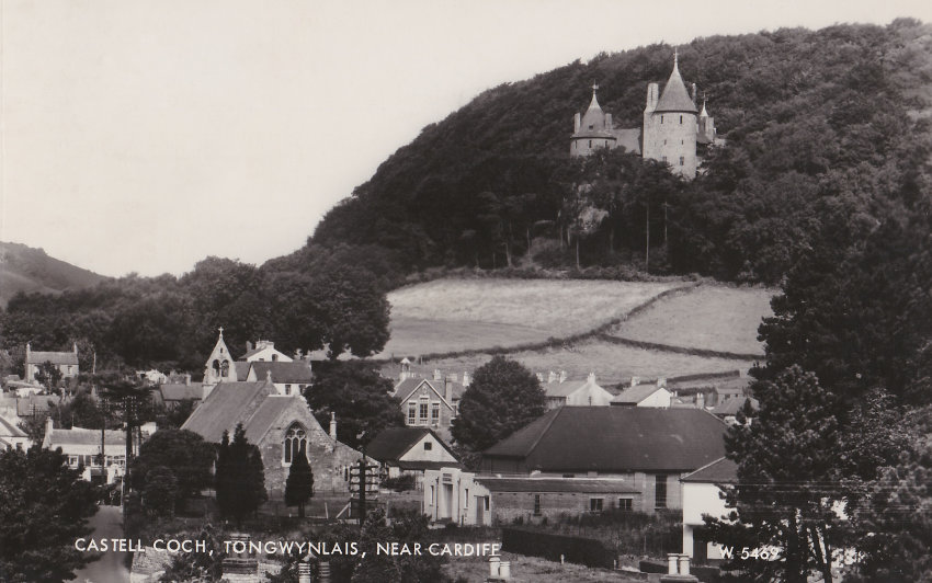 Postcard of Tongwynlais village with Castell Coch in the distance