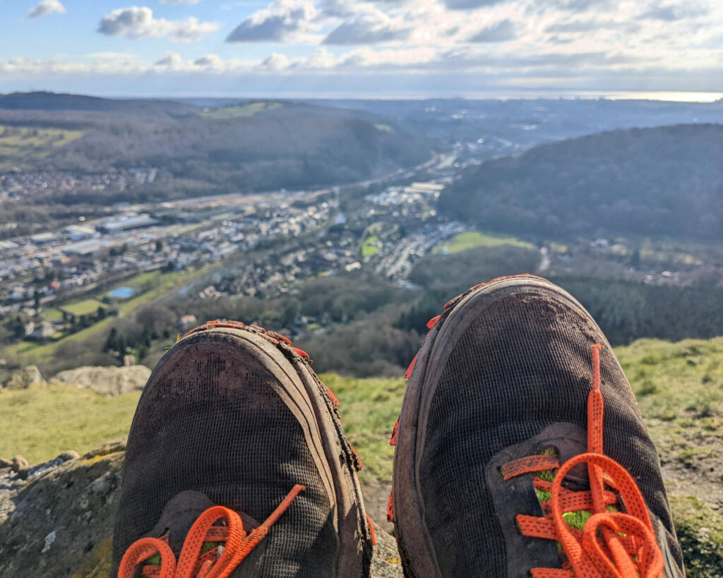 Peregrine 11 trail running shoes overlooking the Taff Valley