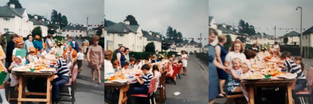 Collage of photos from a street party in 1969. Children are sat at a long table with adults in the background.