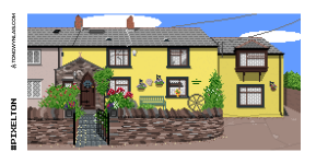 Pixel art illustration of an old cottage