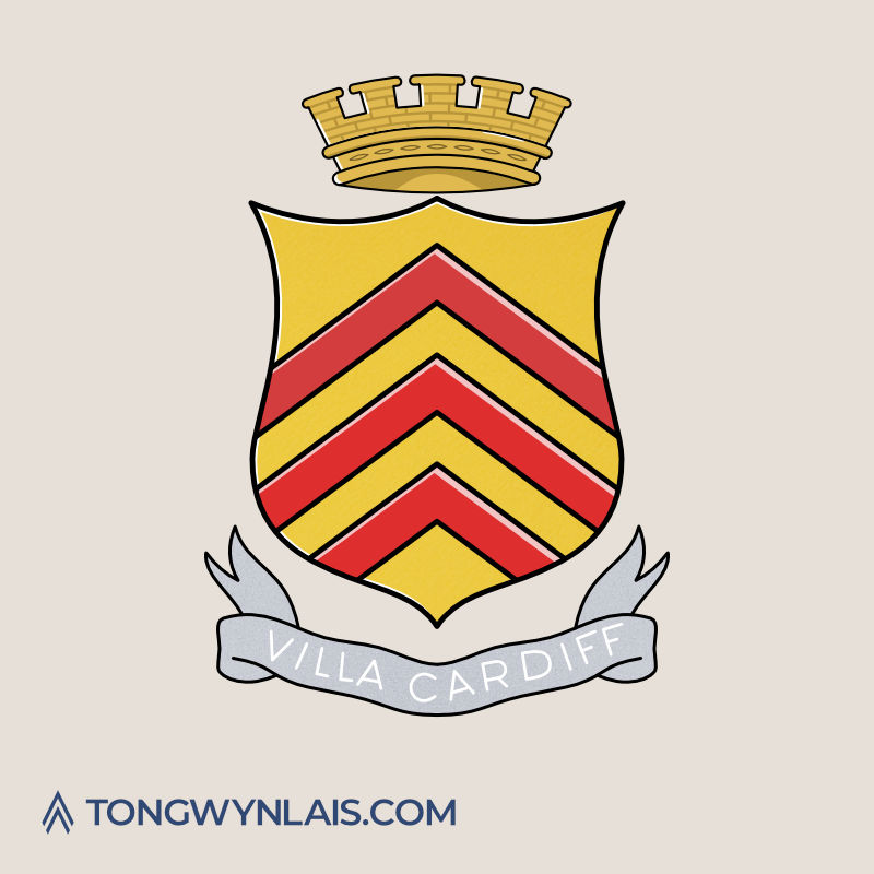 Digital illustration of Cardiff coat of arms with text Villa Cardiff