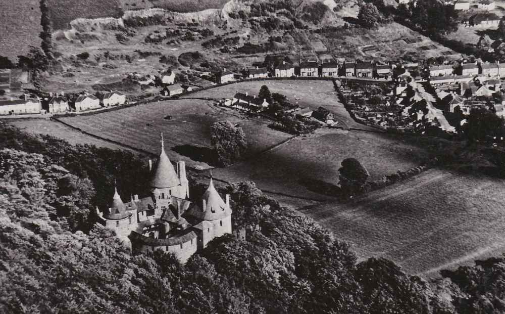 Old postcard with aerial photo of Castell Coch and Tongwynlais village