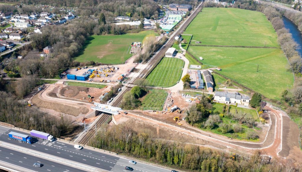 Aerial view of Gelynis Farm and the railway bridge in Morganstown