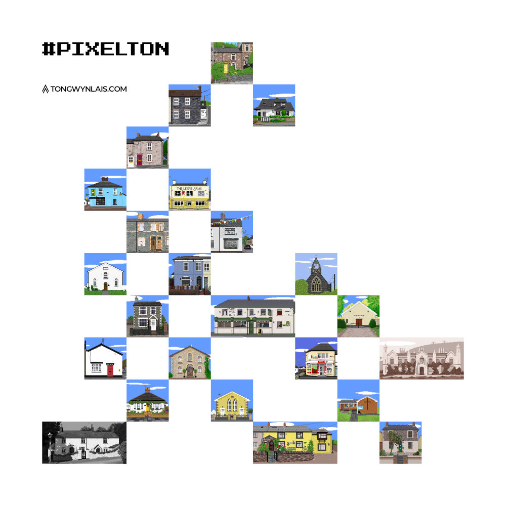Collage of pixel art illustrations of buildings in Tongwynlais