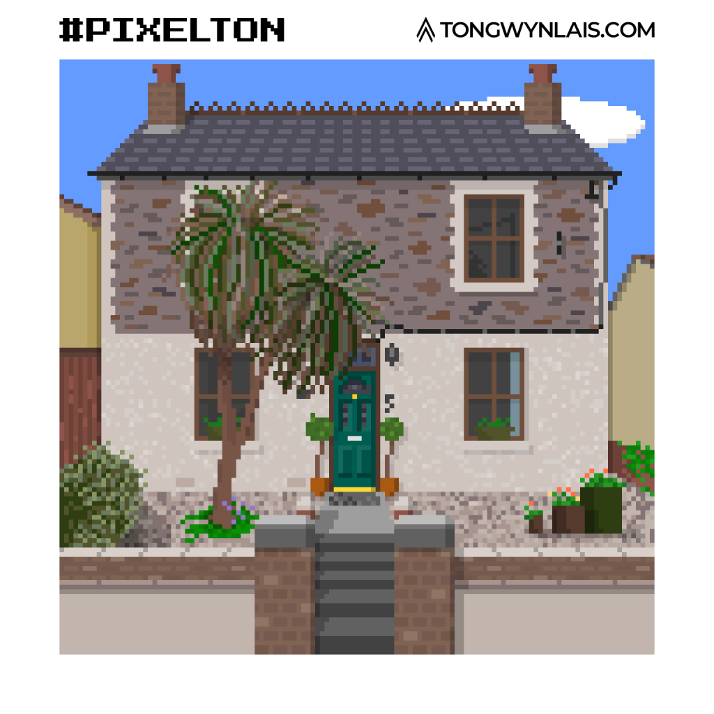 Pixel art illustration of the old school house