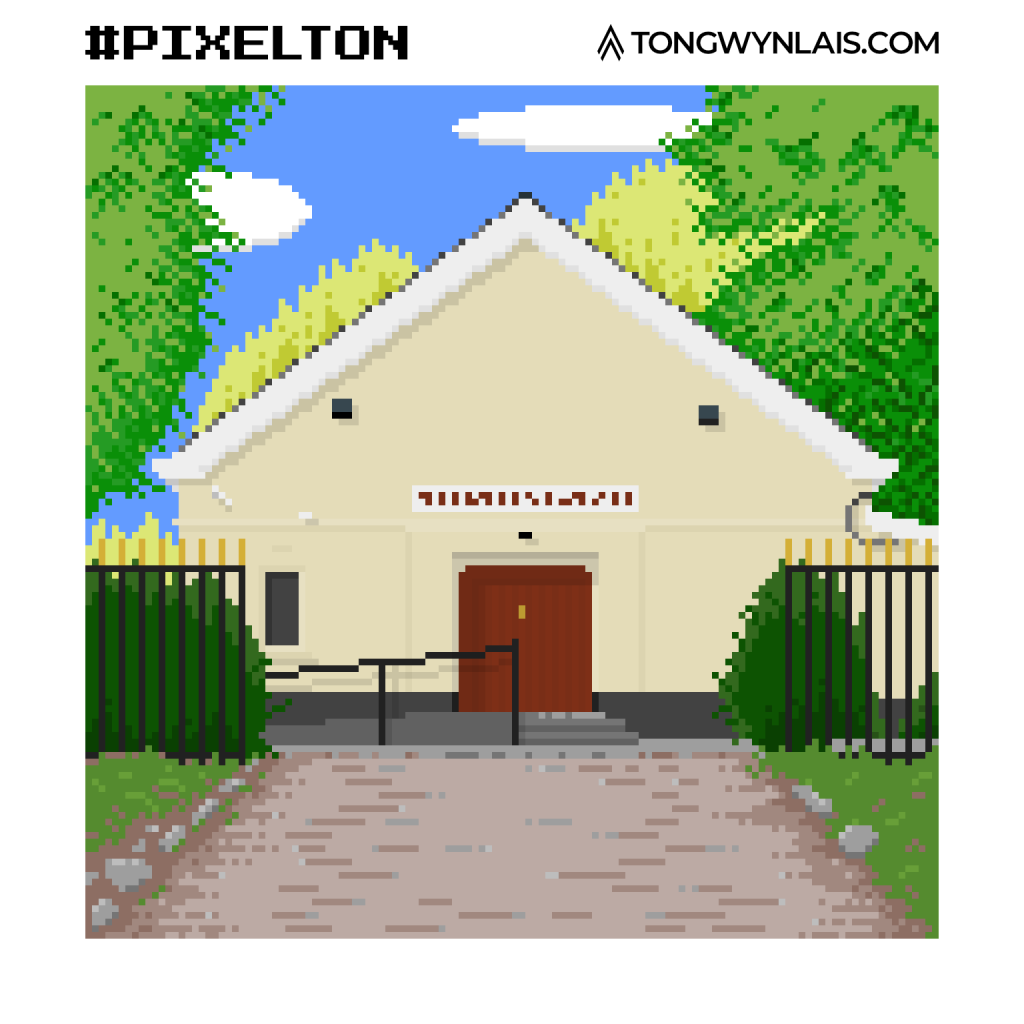 Pixel art illustration of the village hall
