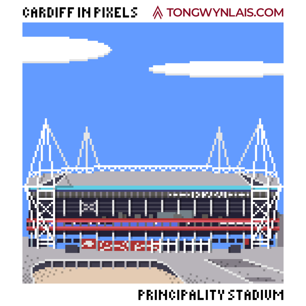 Pixel art illustration of the Principality Stadium in Cardiff