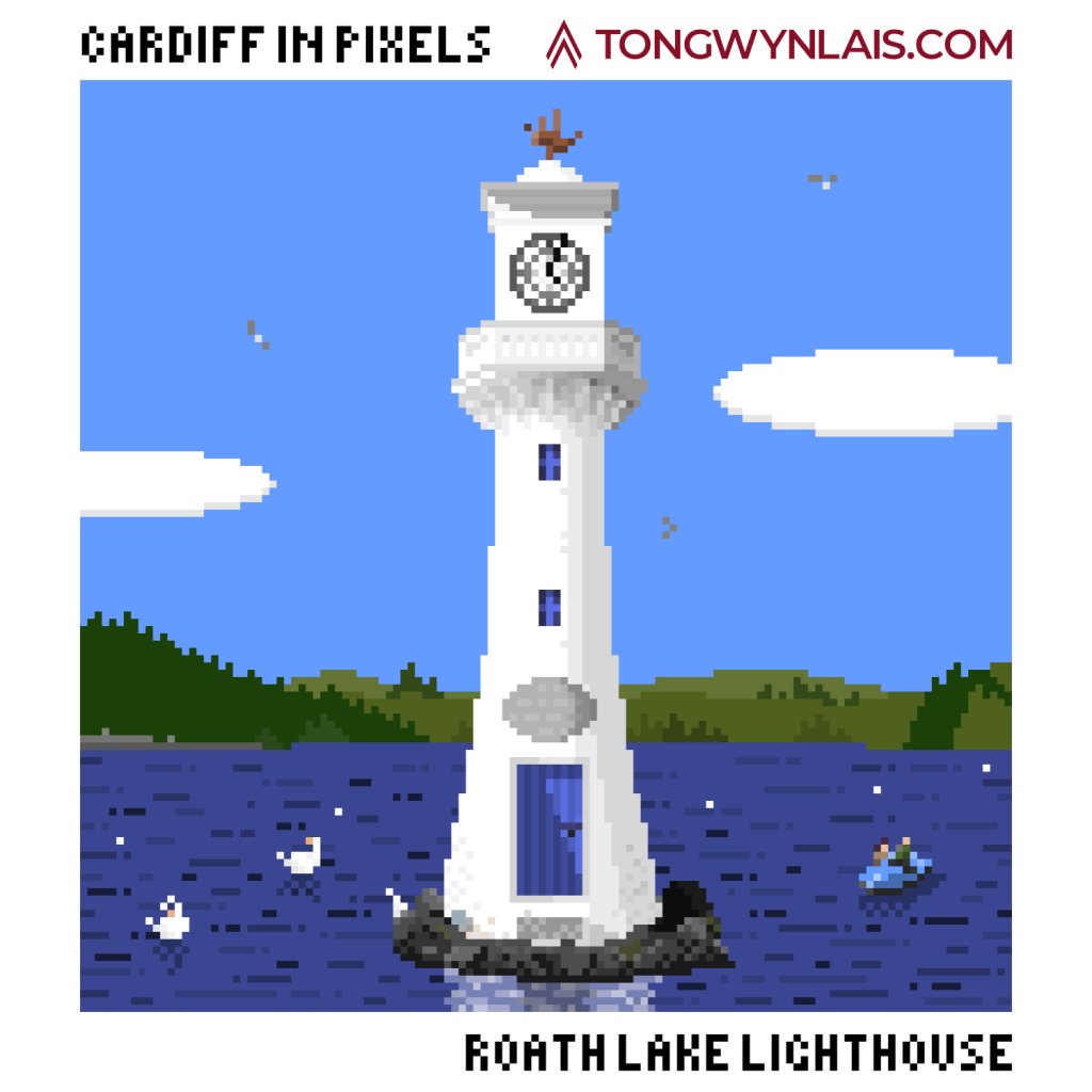 Pixel art illustration of Roath Lake Lighthouse in Cardiff