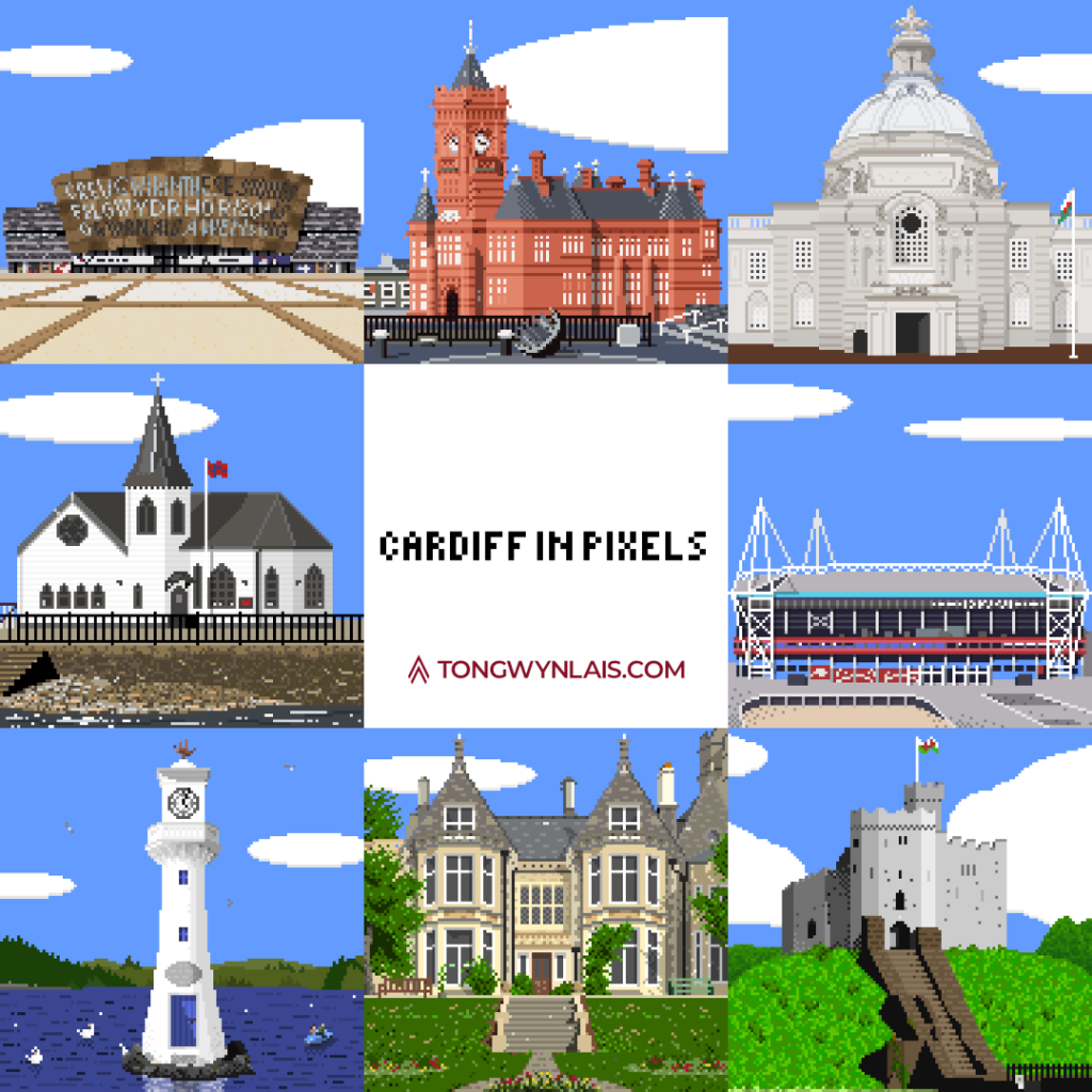 Collage of pixel art illustrations of buildings in Cardiff