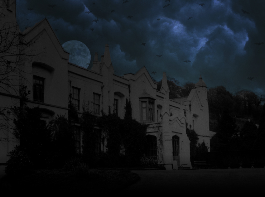 An old mansion with stormy sky, bats and full moon.