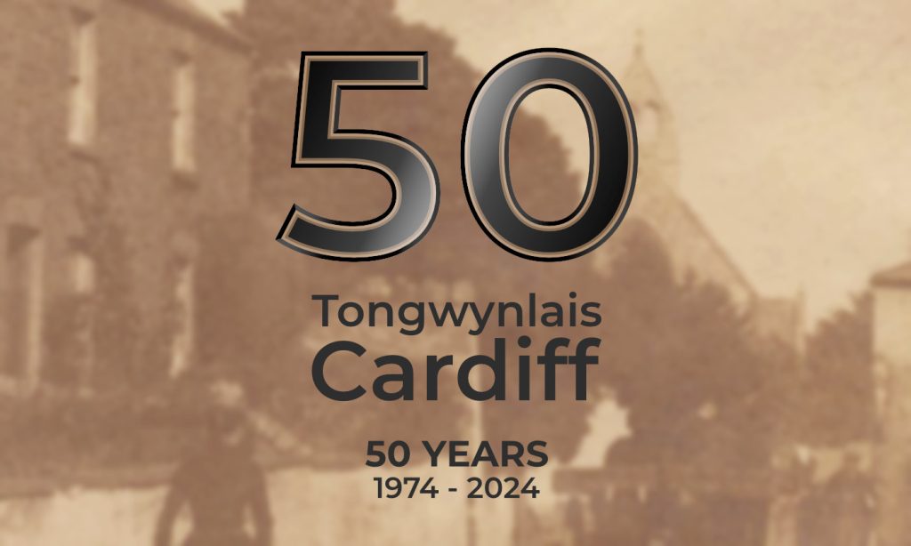 Old photo of Merthyr Road in Tongwynlais with text, "50. Tongwynlais. Cardiff. 50 Years. 1974 - 2024."